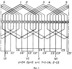 Обмотка двухполюсной трехфазной электромашины для z=18 (патент 2562795)