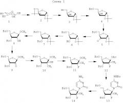 Способ получения 2'-фтор-2'-алкилзамещенных или других замещенных рибофуранозилпиримидинов и пуринов и их производных (патент 2433124)