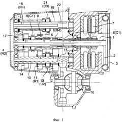 Трехвальная гибридная трансмиссия для автотранспортного средства и способ управления (патент 2592179)