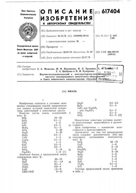 Эмаль (патент 617404)