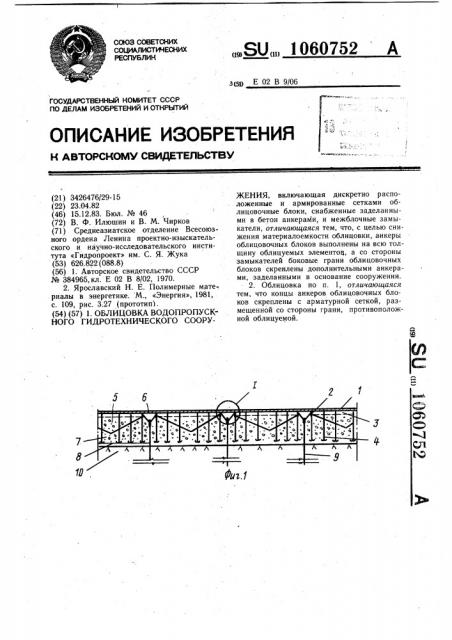 Облицовка водопропускного гидротехнического сооружения (патент 1060752)