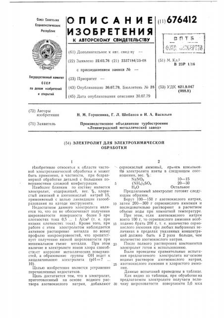 Электролит для электрохимической обработки (патент 676412)