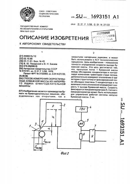 Способ измерения скорости выхода бумажной массы из напорного ящика бумагоделательной машины (патент 1693151)