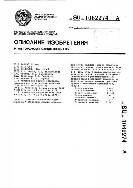 Рафинировочный шлак (патент 1062274)