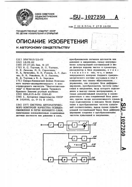 Система автоматического контроля качества псевдоожижения в печи кипящего слоя (патент 1027250)