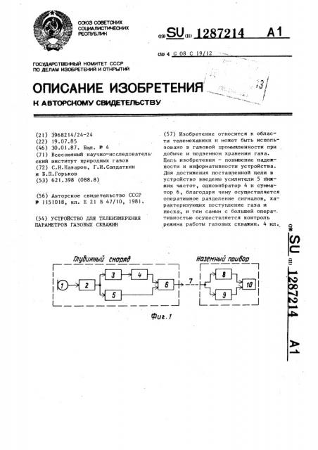 Устройство для телеизмерения параметров газовых скважин (патент 1287214)