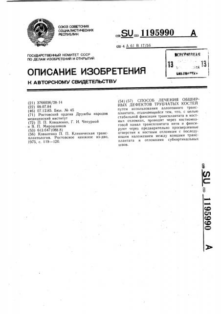 Способ лечения обширных дефектов трубчатых костей (патент 1195990)