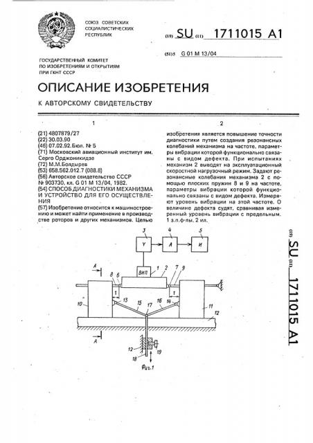 Способ диагностики механизма и устройство для его осуществления (патент 1711015)