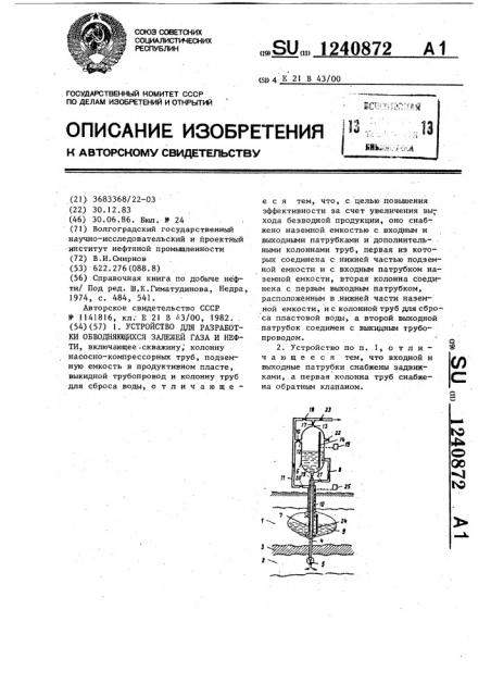 Устройство для разработки обводняющихся залежей газа и нефти (патент 1240872)