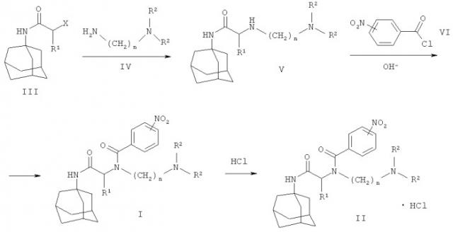 Замещенные n-[2-(1-адамантиламино)-2-оксоэтил]-n-(аминоалкил)амиды нитробензойных кислот (патент 2500666)