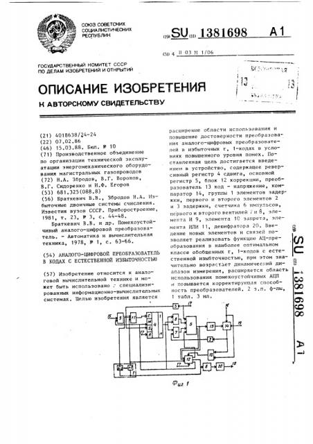 Аналого-цифровой преобразователь в кодах с естественной избыточностью (патент 1381698)