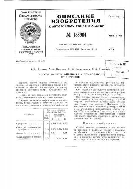 Патент ссср  158964 (патент 158964)