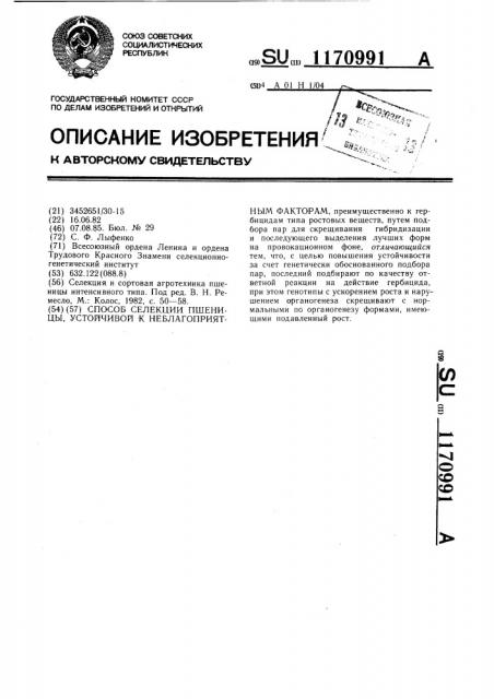 Способ селекции пшеницы,устойчивой к неблагоприятным факторам (патент 1170991)