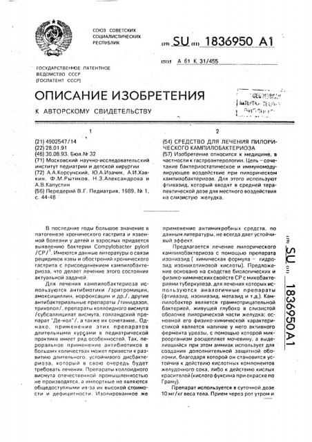 Средство для лечения пилорического кампилобактериоза (патент 1836950)