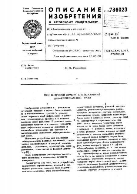 Цифровой измеритель искажений дифференциальной фазы (патент 736023)
