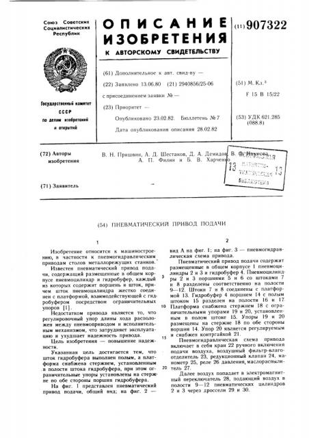 Пневматический привод подачи (патент 907322)
