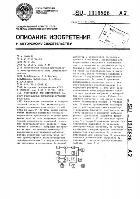 Устройство для определения частот резонансных колебаний вращающегося вала (патент 1315826)