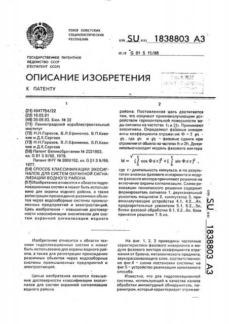 Способ классификации эхосигналов для систем охранной сигнализации водного района (патент 1838803)