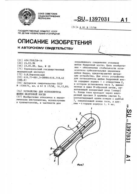Устройство для остеосинтеза шейки бедренной кости (патент 1397031)