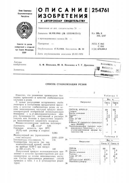 Способ стабилизации резин (патент 254761)