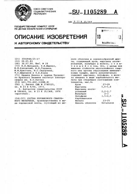 Состав порошкового сварочного материала (патент 1105289)