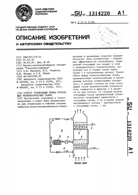 Способ утилизации тепла отходящих технологических газов (патент 1314220)