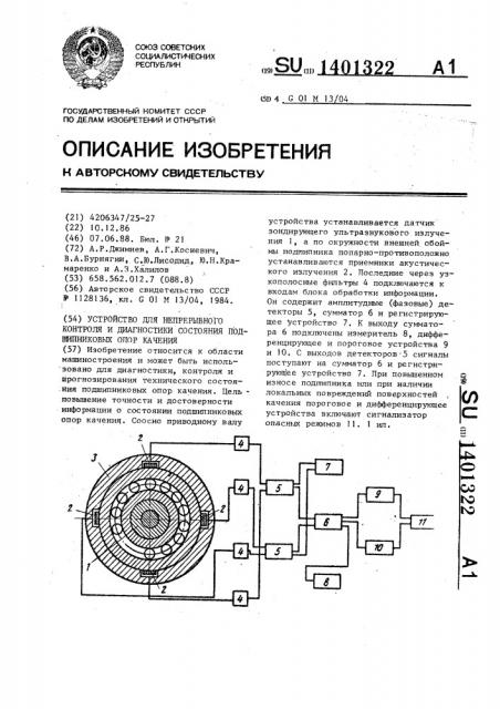 Устройство для непрерывного контроля и диагностики состояния подшипниковых опор качения (патент 1401322)