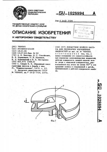 Лопастное колесо насоса для перекачки абразивных жидкостей (патент 1028894)