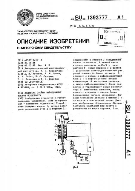 Подвеска обоймы неподвижных блоков полиспаста (патент 1393777)