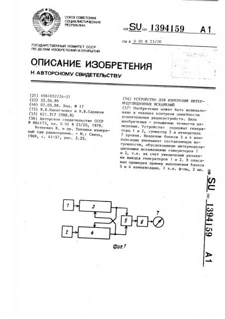 Устройство для измерения интермодуляционных искажений (патент 1394159)