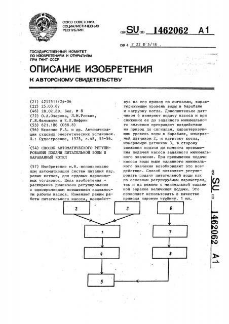 Способ автоматического регулирования подачи питательной воды в барабанный котел (патент 1462062)