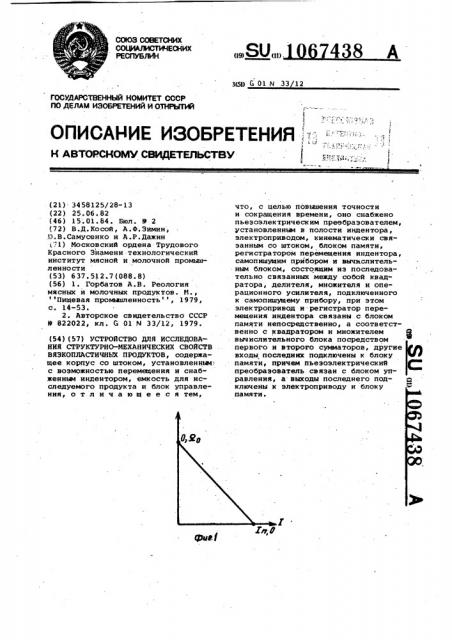 Устройство для исследования структурно-механических свойств вязко-пластичных продуктов (патент 1067438)