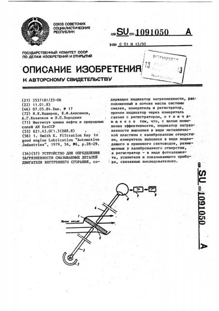 Устройство для определения загрязненности смазываемых деталей двигателя внутреннего сгорания (патент 1091050)