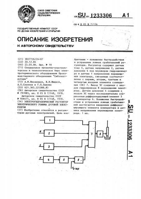 Электрогидравлический регулятор электрического режима дуговой электропечи (патент 1233306)