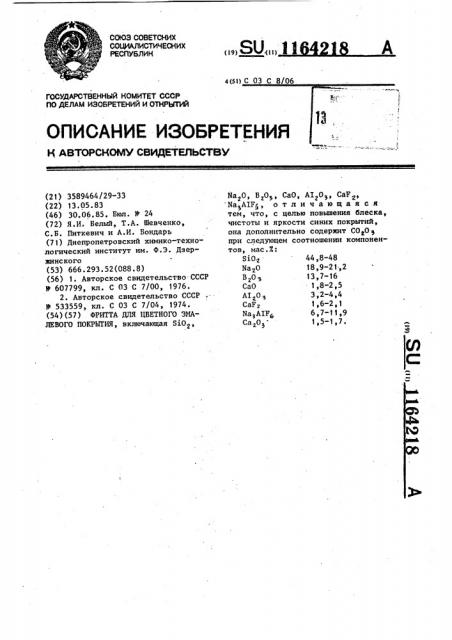 Фритта для цветного эмалевого покрытия (патент 1164218)