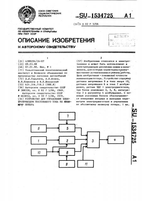 Устройство для управления электроприводом постоянного тока по минимуму потерь (патент 1534725)