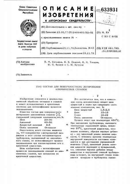 Состав для поверхностного легирования алюминиевых сплавов (патент 633931)