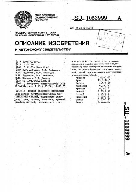 Состав сварочной проволоки для сварки коррозионностойких мартенситных сталей (патент 1053999)