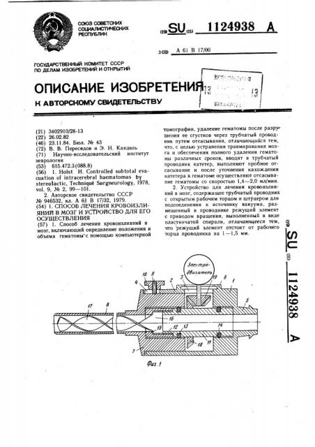 Способ лечения кровоизлияний в мозг и устройство для его осуществления (патент 1124938)