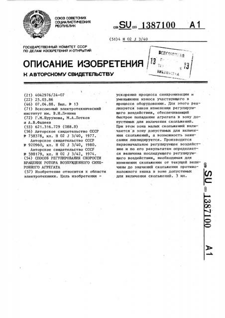 Способ регулирования скорости вращения ротора возбужденного синхронного агрегата (патент 1387100)