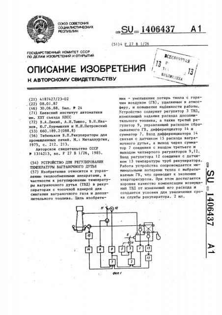 Устройство для регулирования температуры ваграночного дутья (патент 1406437)