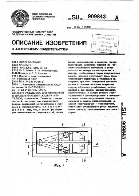 Установка для обработки и диспергирования жидких металлов (патент 909843)