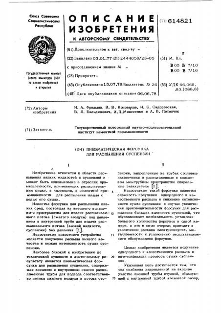 Пневматическая форсунка для распыления суспензии (патент 614821)