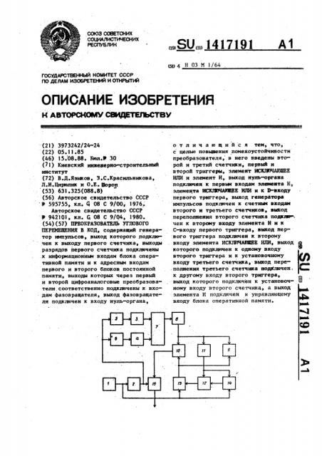 Преобразователь углового перемещения в код (патент 1417191)