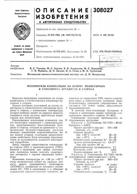 Полимерная колшозиция на основе полистирола и сополимера бутадиена и стирола (патент 308027)