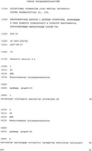 Бакуловирусные векторы с двойным промотором, включающим в себя промотор позвоночного и промотор бакуловируса, контролирующим иммуногенный слитый ген (патент 2491093)