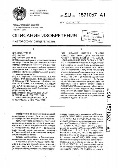 Штамм вируса гриппа а/нш/3/86/17 (hin1) для получения живой гриппозной интраназальной вакцины для взрослых и детей (патент 1571067)