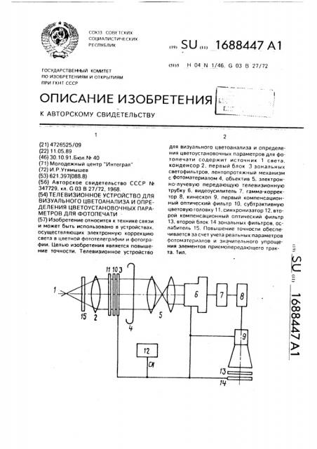 Телевизионное устройство для визуального цветоанализа и определения цветоустановочных параметров для фотопечати (патент 1688447)