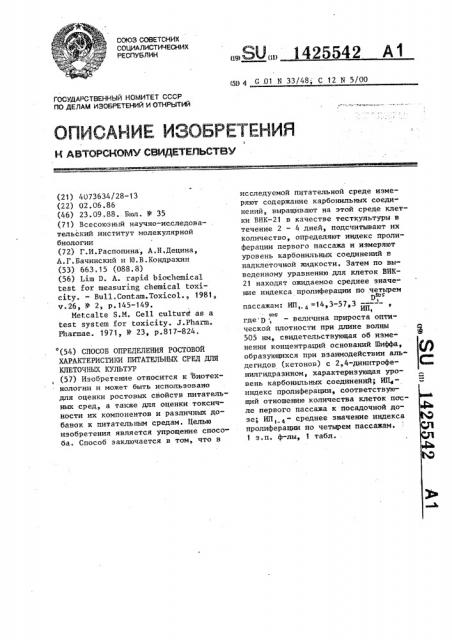 Способ определения ростовой характеристики питательных сред для клеточных культур (патент 1425542)