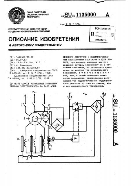 Способ управления тормозным режимом электропривода на базе асинхронного двигателя с подмагничиваемым индукционным реостатом в цепи ротора (патент 1135000)